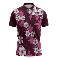 Hawaiian Hibiscus Tribal Floral Pink Zipper Polo Shirt Polynesian Tapa Pattern - Polynesian Pride