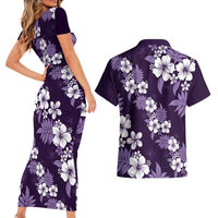 Hawaiian Hibiscus Tribal Floral Purple Couples Matching Short Sleeve Bodycon Dress and Hawaiian Shirt Polynesian Tapa Pattern - Polynesian Pride