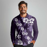 Hawaiian Hibiscus Tribal Floral Purple Long Sleeve Polo Shirt Polynesian Tapa Pattern LT01 - Polynesian Pride