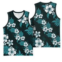 Hawaiian Hibiscus Tribal Floral Teal Basketball Jersey Polynesian Tapa Pattern LT01 - Polynesian Pride