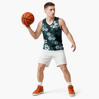 Hawaiian Hibiscus Tribal Floral Teal Basketball Jersey Polynesian Tapa Pattern LT01 - Polynesian Pride