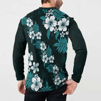 Hawaiian Hibiscus Tribal Floral Teal Button Sweatshirt Polynesian Tapa Pattern - Polynesian Pride
