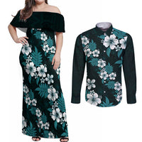 Hawaiian Hibiscus Tribal Floral Teal Couples Matching Off Shoulder Maxi Dress and Long Sleeve Button Shirt Polynesian Tapa Pattern - Polynesian Pride