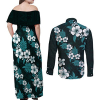 Hawaiian Hibiscus Tribal Floral Teal Couples Matching Off Shoulder Maxi Dress and Long Sleeve Button Shirt Polynesian Tapa Pattern - Polynesian Pride