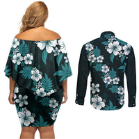 Hawaiian Hibiscus Tribal Floral Teal Couples Matching Off Shoulder Short Dress and Long Sleeve Button Shirt Polynesian Tapa Pattern - Polynesian Pride