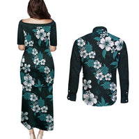 Hawaiian Hibiscus Tribal Floral Teal Couples Matching Puletasi and Long Sleeve Button Shirt Polynesian Tapa Pattern - Polynesian Pride