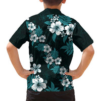 Hawaiian Hibiscus Tribal Floral Teal Family Matching Long Sleeve Bodycon Dress and Hawaiian Shirt Polynesian Tapa Pattern - Polynesian Pride