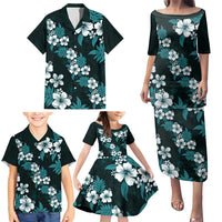 Hawaiian Hibiscus Tribal Floral Teal Family Matching Puletasi and Hawaiian Shirt Polynesian Tapa Pattern - Polynesian Pride