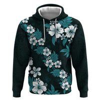 Hawaiian Hibiscus Tribal Floral Teal Hoodie Polynesian Tapa Pattern - Polynesian Pride