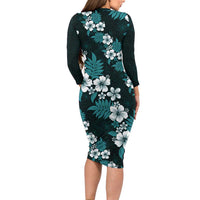 Hawaiian Hibiscus Tribal Floral Teal Long Sleeve Bodycon Dress Polynesian Tapa Pattern - Polynesian Pride