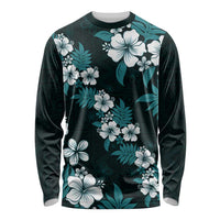 Hawaiian Hibiscus Tribal Floral Teal Long Sleeve Shirt Polynesian Tapa Pattern - Polynesian Pride