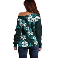 Hawaiian Hibiscus Tribal Floral Teal Off Shoulder Sweater Polynesian Tapa Pattern - Polynesian Pride