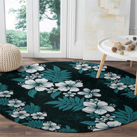 Hawaiian Hibiscus Tribal Floral Teal Round Carpet Polynesian Tapa Pattern - Polynesian Pride