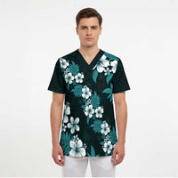 Hawaiian Hibiscus Tribal Floral Teal Scrub Top Polynesian Tapa Pattern - Polynesian Pride