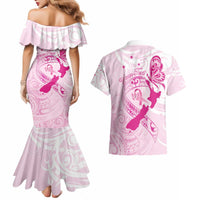 Personalised Aotearoa Breast Cancer Couples Matching Mermaid Dress and Hawaiian Shirt New Zealand Maori Pattern