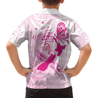 Personalised Aotearoa Breast Cancer Family Matching Off The Shoulder Long Sleeve Dress and Hawaiian Shirt New Zealand Maori Pattern LT01 - Polynesian Pride