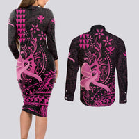 Hawaii Breast Cancer Couples Matching Long Sleeve Bodycon Dress and Long Sleeve Button Shirt Girl Floral Kakau Pattern