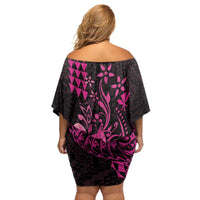 Hawaii Breast Cancer Family Matching Off Shoulder Short Dress and Hawaiian Shirt Girl Floral Kakau Pattern