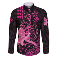 Hawaii Breast Cancer Family Matching Puletasi and Hawaiian Shirt Girl Floral Kakau Pattern