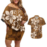 Plumeria Floral Tapa Pattern Vintage Gold Couples Matching Off Shoulder Short Dress and Hawaiian Shirt