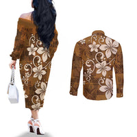 Plumeria Floral Tapa Pattern Vintage Gold Couples Matching Off The Shoulder Long Sleeve Dress and Long Sleeve Button Shirt
