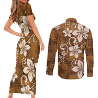 Plumeria Floral Tapa Pattern Vintage Gold Couples Matching Short Sleeve Bodycon Dress and Long Sleeve Button Shirt