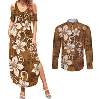 Plumeria Floral Tapa Pattern Vintage Gold Couples Matching Summer Maxi Dress and Long Sleeve Button Shirt