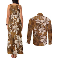 Plumeria Floral Tapa Pattern Vintage Gold Couples Matching Tank Maxi Dress and Long Sleeve Button Shirt