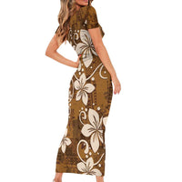 Plumeria Floral Tapa Pattern Vintage Gold Family Matching Short Sleeve Bodycon Dress and Hawaiian Shirt