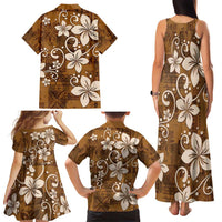 Plumeria Floral Tapa Pattern Vintage Gold Family Matching Tank Maxi Dress and Hawaiian Shirt