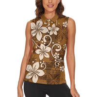 Plumeria Floral Tapa Pattern Vintage Gold Women Sleeveless Polo Shirt