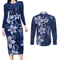 Plumeria Floral Tapa Pattern Navy Blue Couples Matching Long Sleeve Bodycon Dress and Long Sleeve Button Shirt