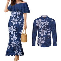 Plumeria Floral Tapa Pattern Navy Blue Couples Matching Mermaid Dress and Long Sleeve Button Shirt