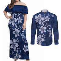 Plumeria Floral Tapa Pattern Navy Blue Couples Matching Off Shoulder Maxi Dress and Long Sleeve Button Shirt