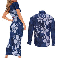 Plumeria Floral Tapa Pattern Navy Blue Couples Matching Short Sleeve Bodycon Dress and Long Sleeve Button Shirt