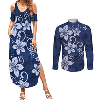Plumeria Floral Tapa Pattern Navy Blue Couples Matching Summer Maxi Dress and Long Sleeve Button Shirt