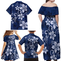 Plumeria Floral Tapa Pattern Navy Blue Family Matching Off Shoulder Maxi Dress and Hawaiian Shirt