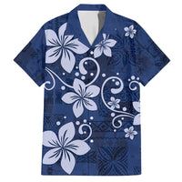 Plumeria Floral Tapa Pattern Navy Blue Family Matching Off Shoulder Maxi Dress and Hawaiian Shirt