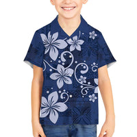 Plumeria Floral Tapa Pattern Navy Blue Family Matching Summer Maxi Dress and Hawaiian Shirt