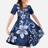 Plumeria Floral Tapa Pattern Navy Blue Kid Short Sleeve Dress