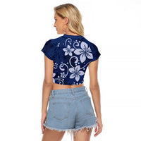 Plumeria Floral Tapa Pattern Navy Blue Raglan Cropped T Shirt