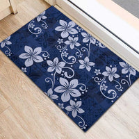 Plumeria Floral Tapa Pattern Navy Blue Rubber Doormat