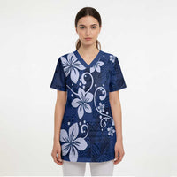 Plumeria Floral Tapa Pattern Navy Blue Scrub Top - Polynesian Pride
