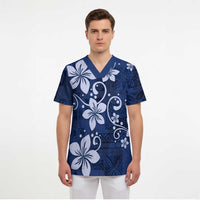 Plumeria Floral Tapa Pattern Navy Blue Scrub Top - Polynesian Pride