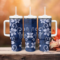 Plumeria Floral Tapa Pattern Navy Blue Tumbler With Handle