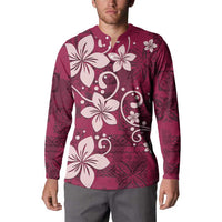 Plumeria Floral Tapa Pattern Ruby Pink Button Sweatshirt