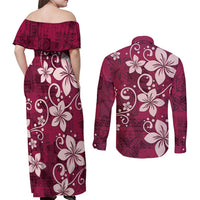 Plumeria Floral Tapa Pattern Ruby Pink Couples Matching Off Shoulder Maxi Dress and Long Sleeve Button Shirt