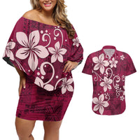 Plumeria Floral Tapa Pattern Ruby Pink Couples Matching Off Shoulder Short Dress and Hawaiian Shirt