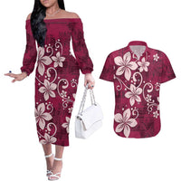 Plumeria Floral Tapa Pattern Ruby Pink Couples Matching Off The Shoulder Long Sleeve Dress and Hawaiian Shirt