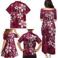 Plumeria Floral Tapa Pattern Ruby Pink Family Matching Puletasi and Hawaiian Shirt